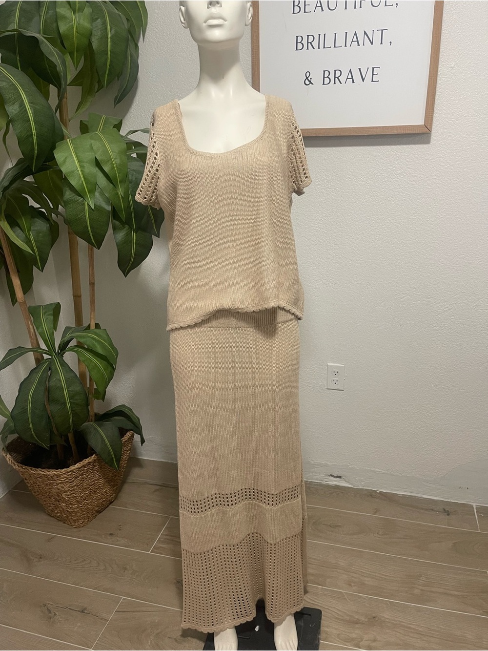 Women's Beige Knit Two-Piece Skirt Set — Lightweight Summer Ensemble
